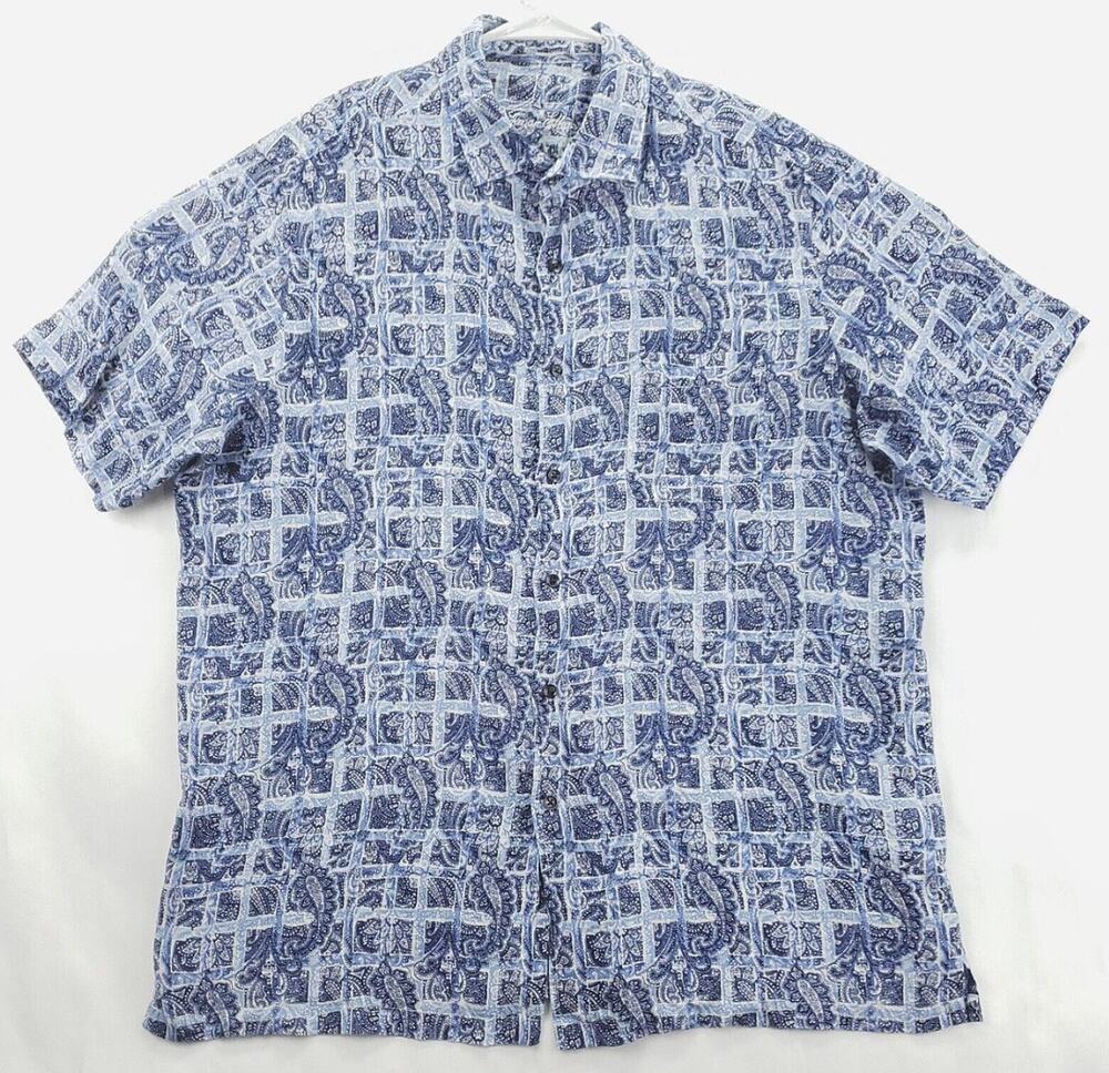 Tasso Elba Shirt Mens Large Blue White Linen Paisley Short Sleeve Button-Up